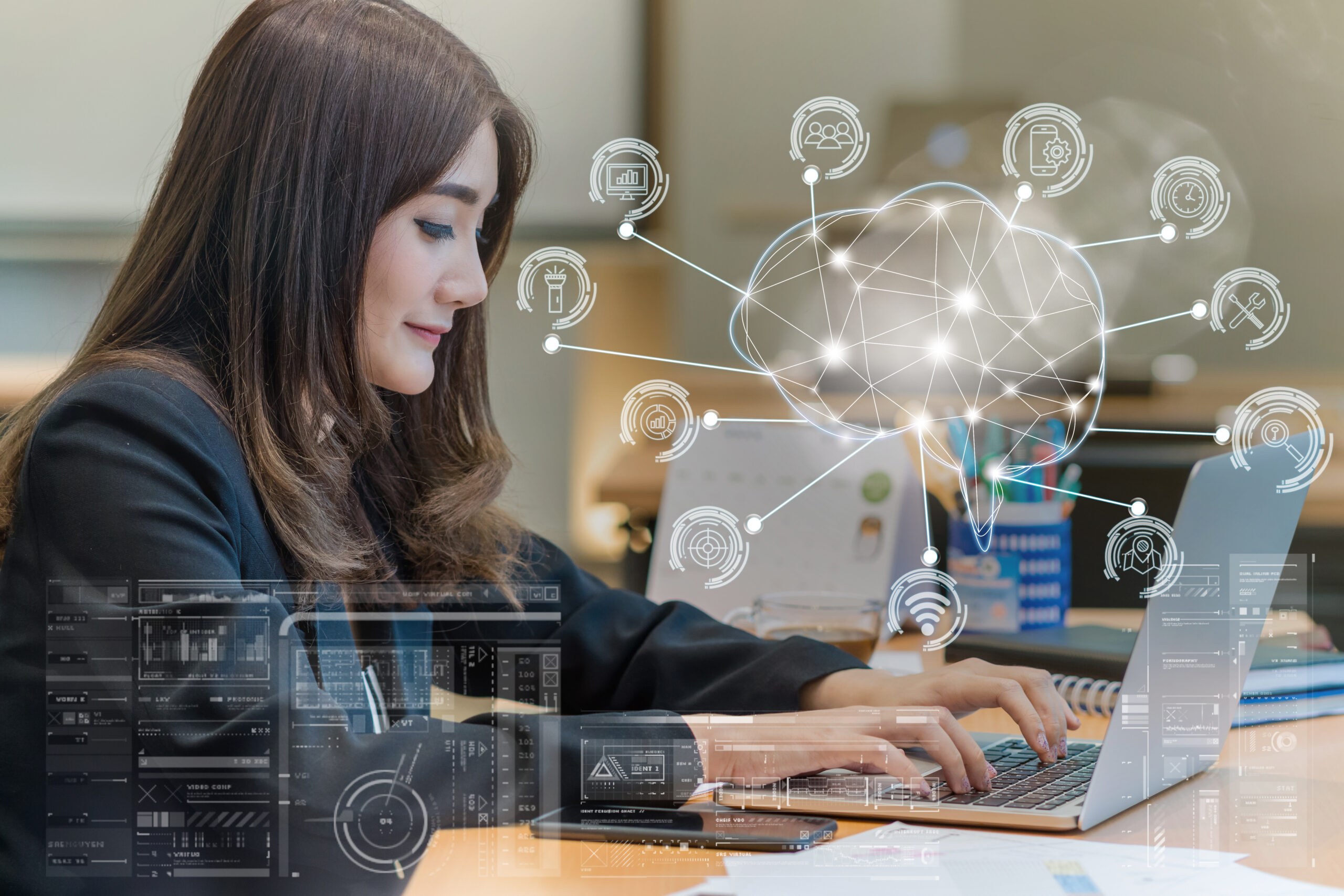 Asian businesswoman in formal suit working with computer laptop for Polygonal brain shape of an artificial intelligence with various icon of smart city Internet of Things, AI and business IOT concept
